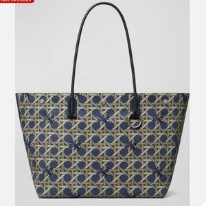 Tory Burch Basketweave Canvas/ Leather Handles Tote Bag Navy
